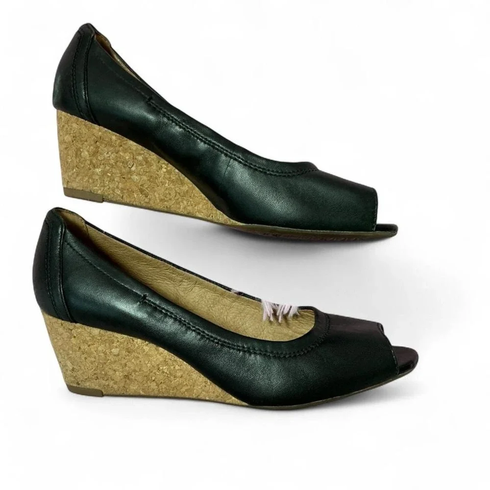 Clarks Artisan Black Leather Peep Toe Cork Wedge Heel Shoes‎